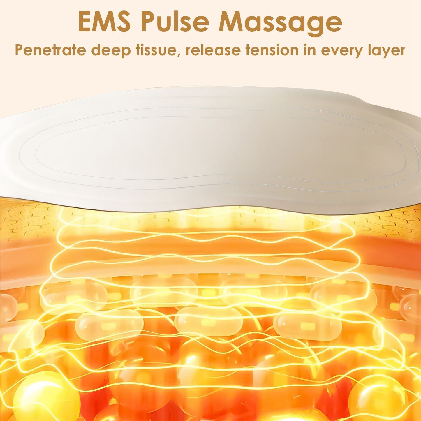 Beige EMS heating pad showing layered heating and pulse stimulation effect