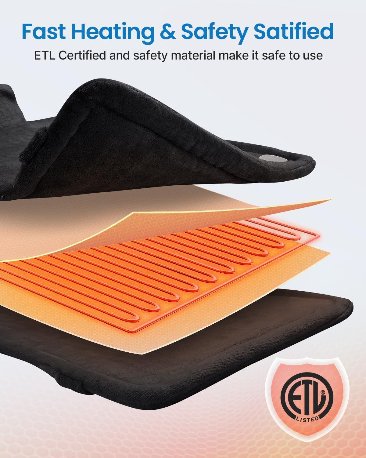 Black electric heating pad with folded fabric cover and safety seal detail