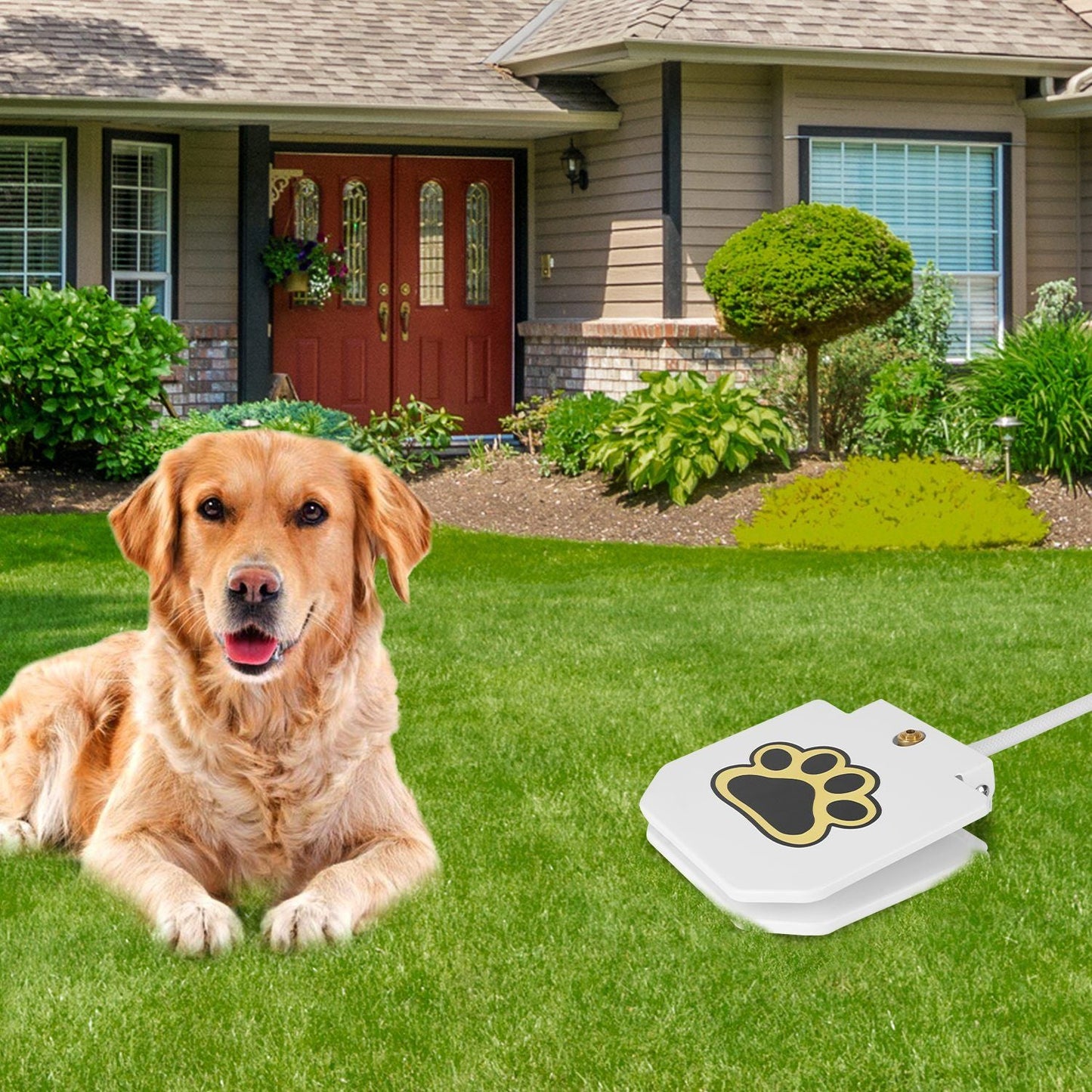 Golden dog resting on lawn beside white step-on pet water fountain with paw icon