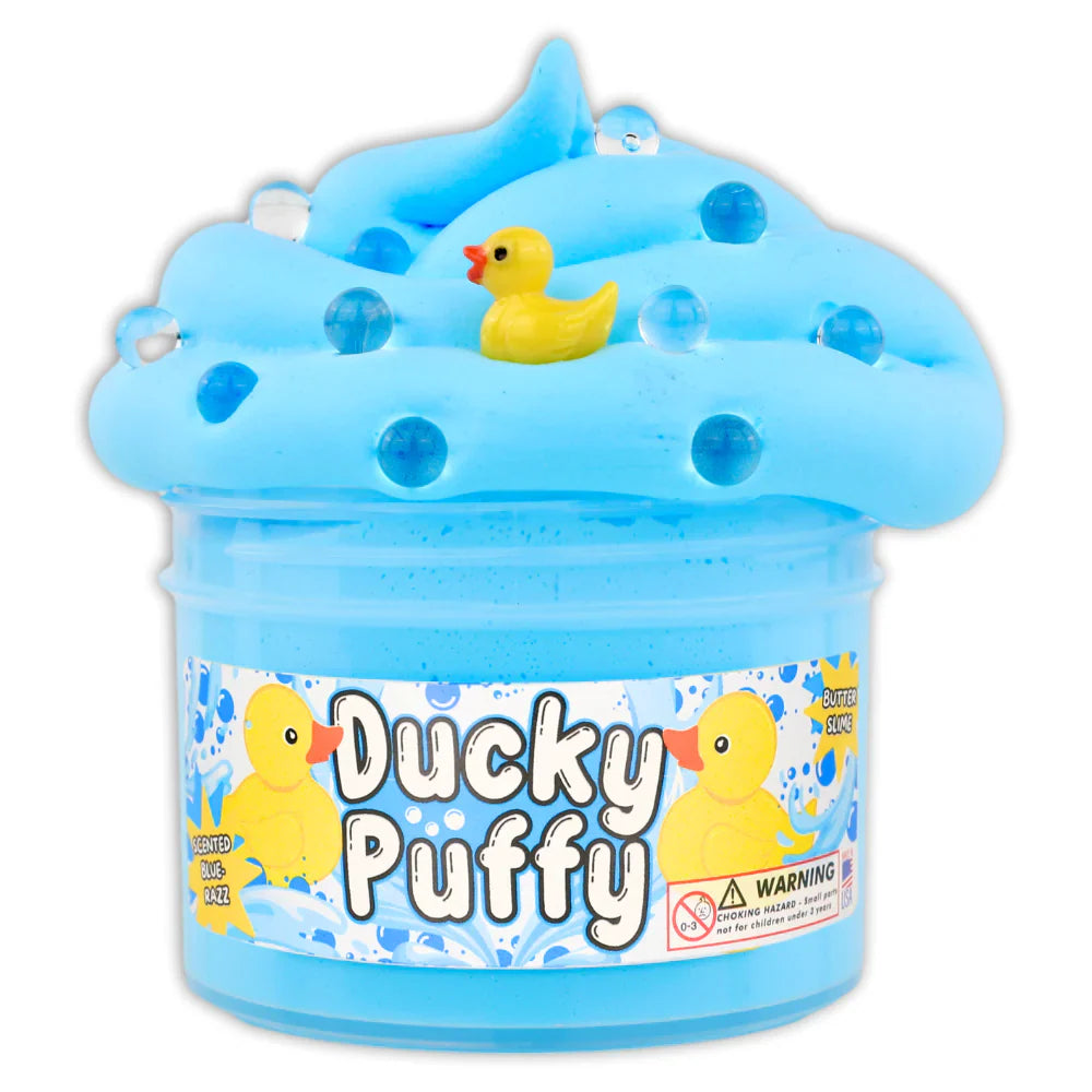 Blue puffy slime tub with yellow rubber duck and floating blue beads