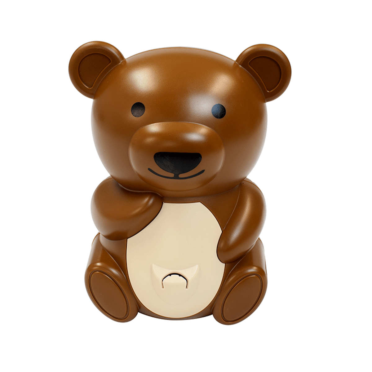 Brown bear pediatric nebulizer with smiling face and beige inhalation port panel