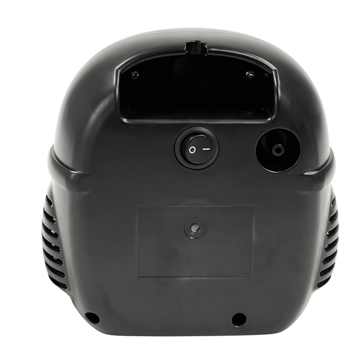 Back view of penguin pediatric compressor nebulizer with vents and power controls