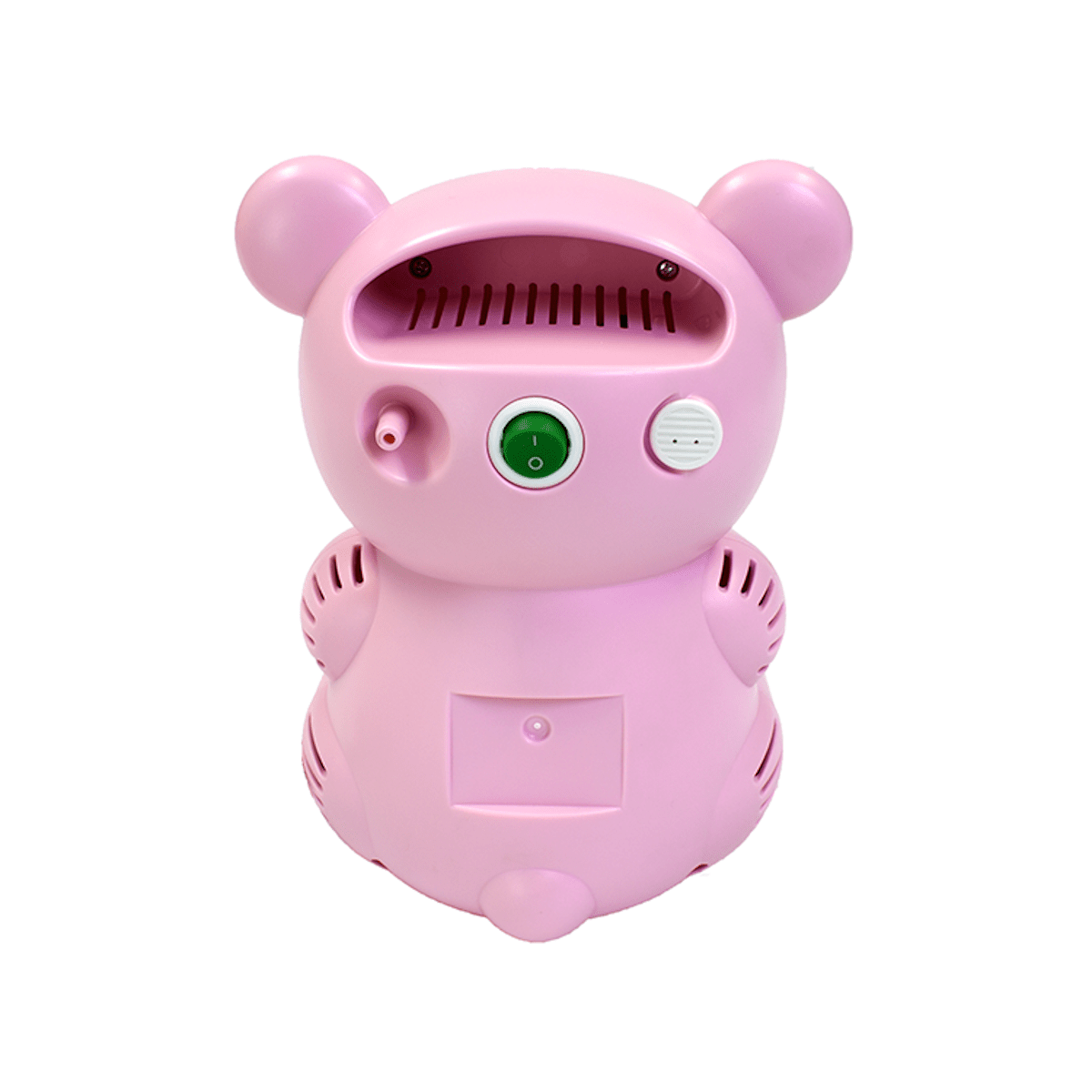 Pink piggy pediatric compressor nebulizer front panel with air vents and indicator lights