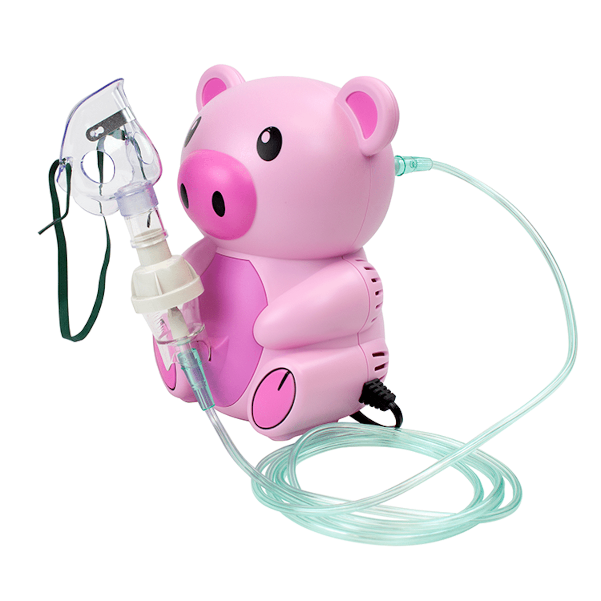 Pink piggy pediatric compressor nebulizer with clear mask and green-blue tubing