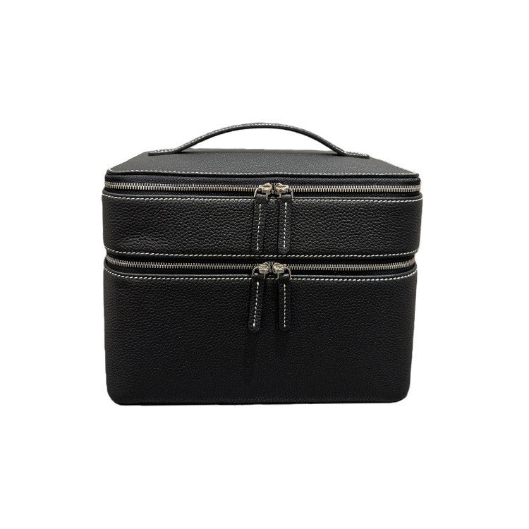 Black leather-look jewelry storage tote with double zippers and top handle