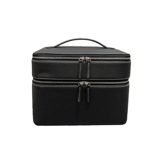 Black leather-look jewelry storage tote with double zippers and top handle