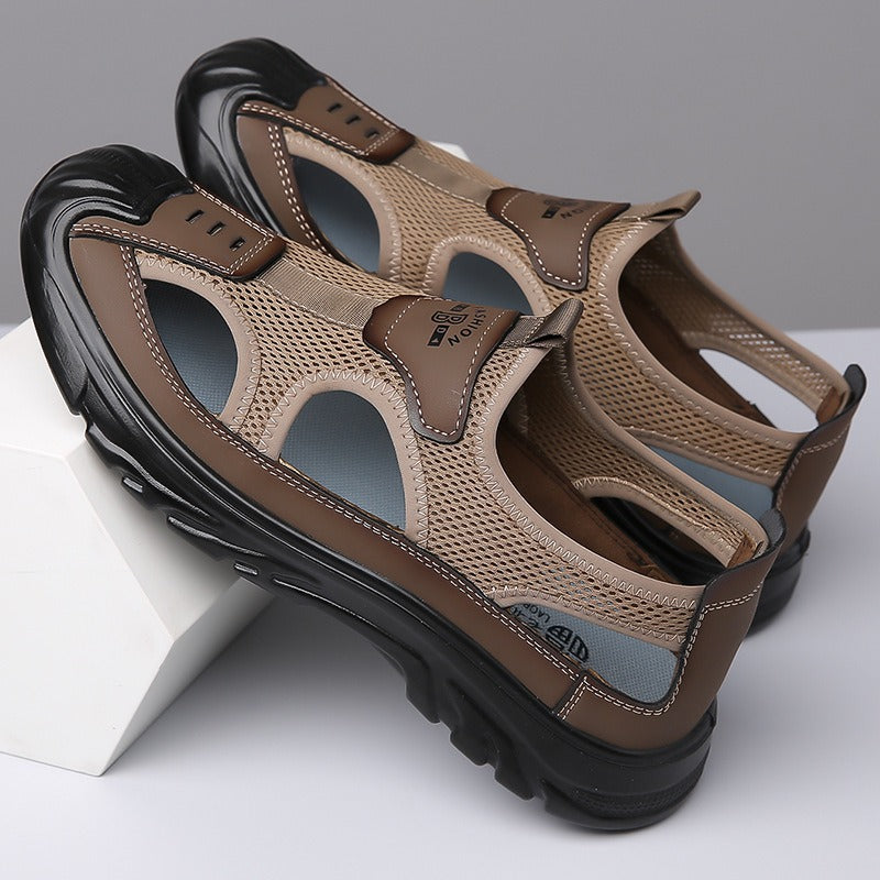 Men's brown mesh cutout sandals with hook-and-loop strap and black cushioned sole