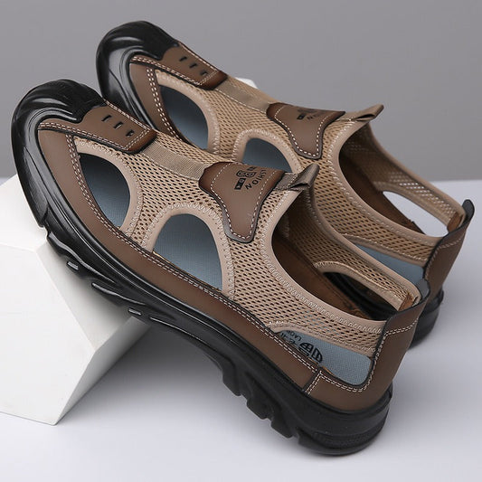 Men's brown mesh cutout sandals with hook-and-loop strap and black cushioned sole