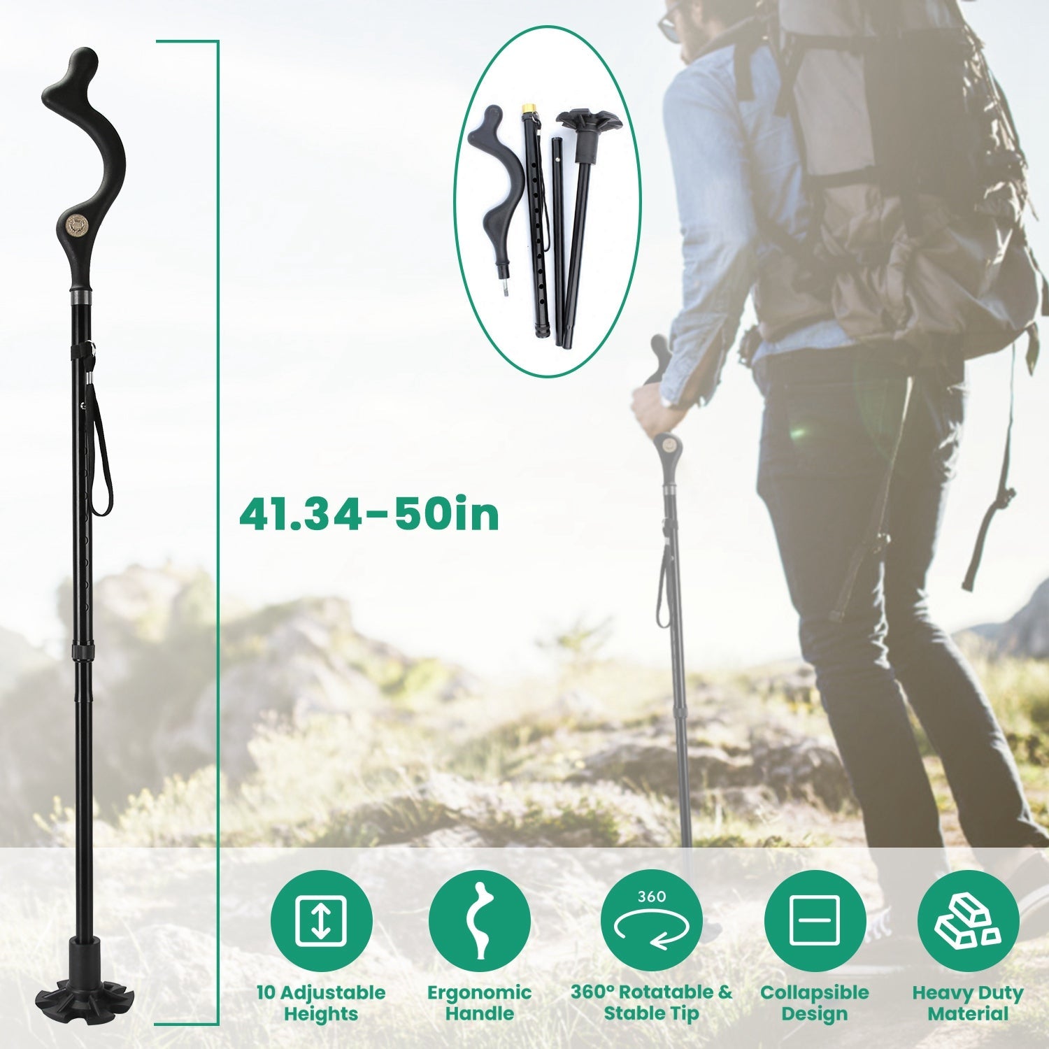 Black adjustable walking cane with curved handle and rubber base, shown at full length