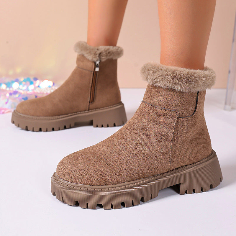 Khaki suede ankle boots with faux-fur cuff, side zipper, and chunky lug sole