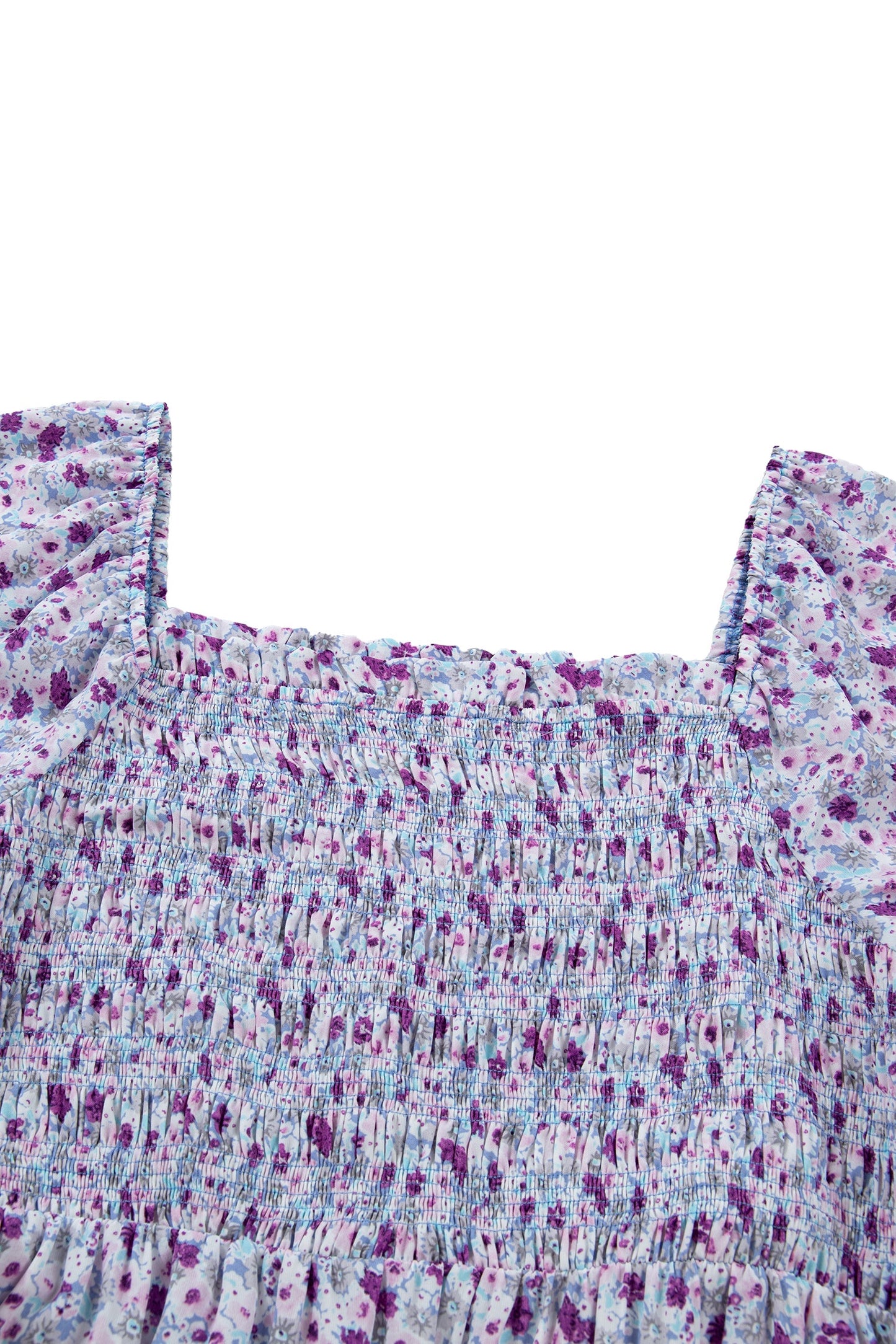 Purple floral smocked square neckline with short puff sleeves on a maxi dress