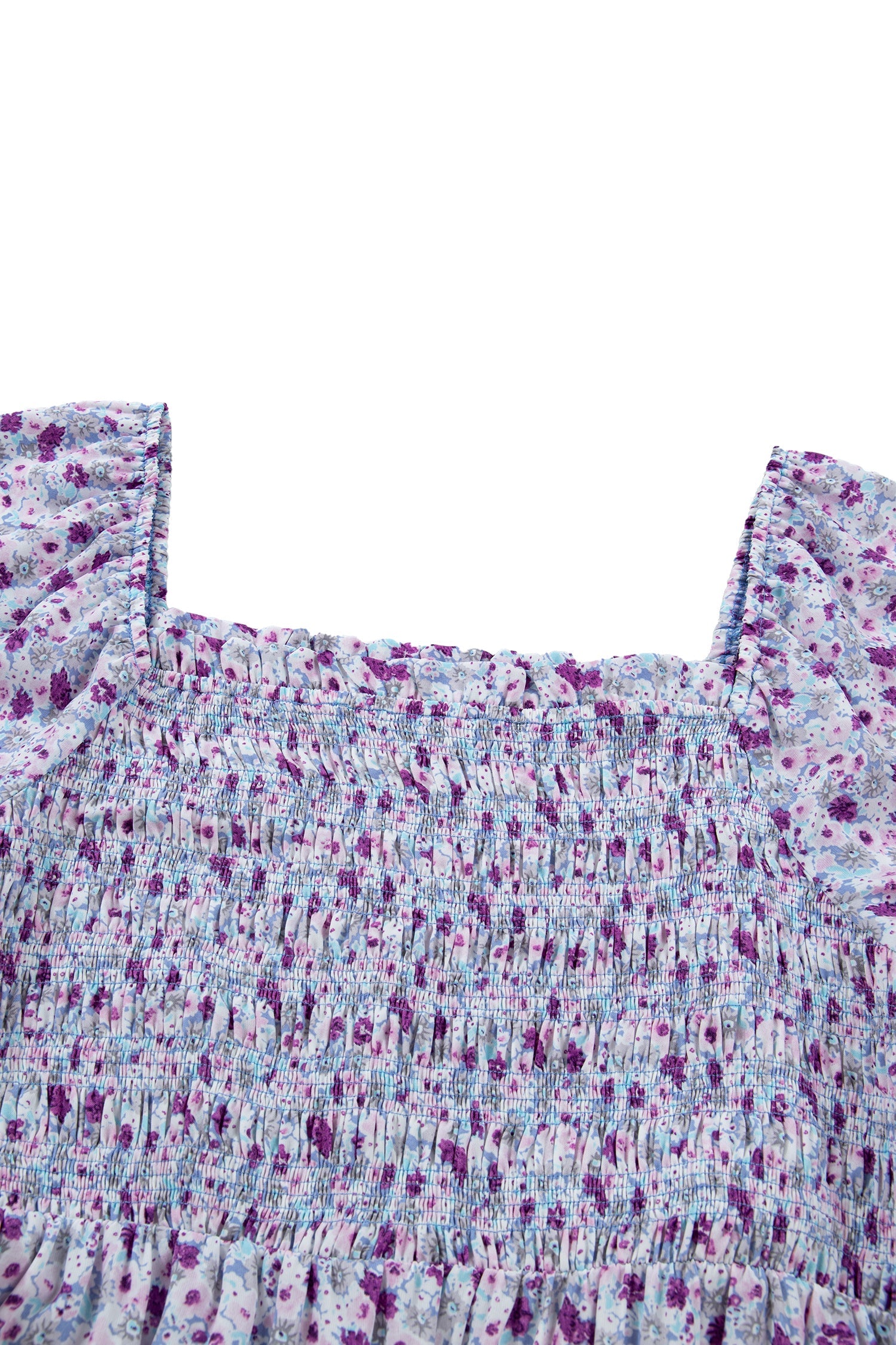 Purple floral smocked square neckline with short puff sleeves on a maxi dress