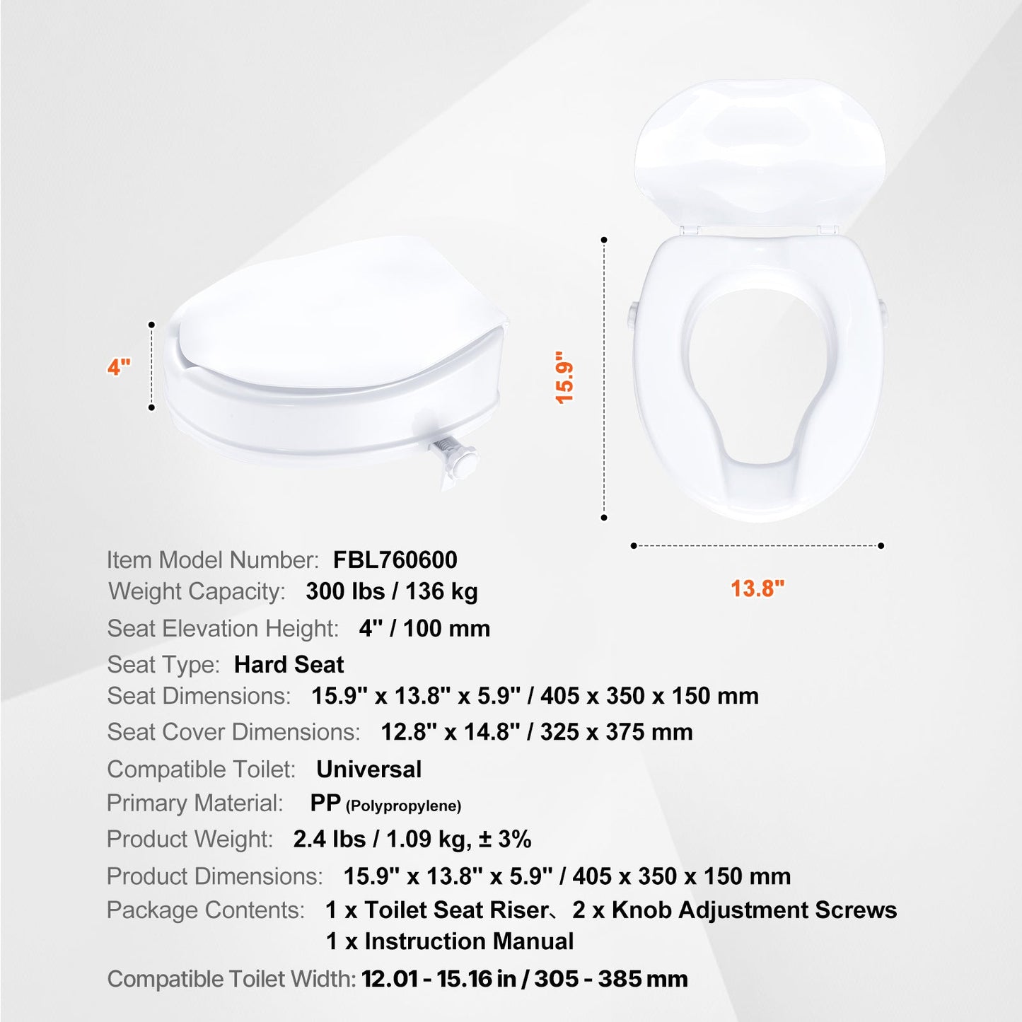 White raised toilet seat diagram with underside and seat cover dimensions