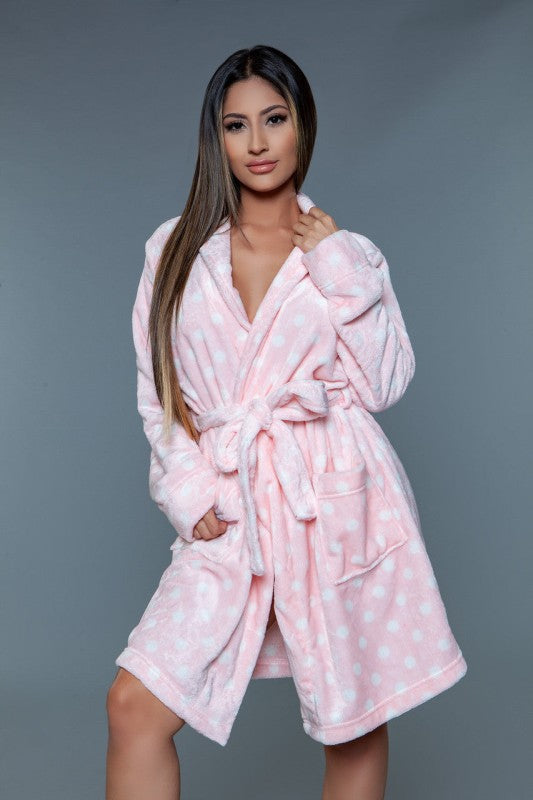 Pink Kaylee robe with dotted pattern, V-neck, long sleeves, and tie belt.