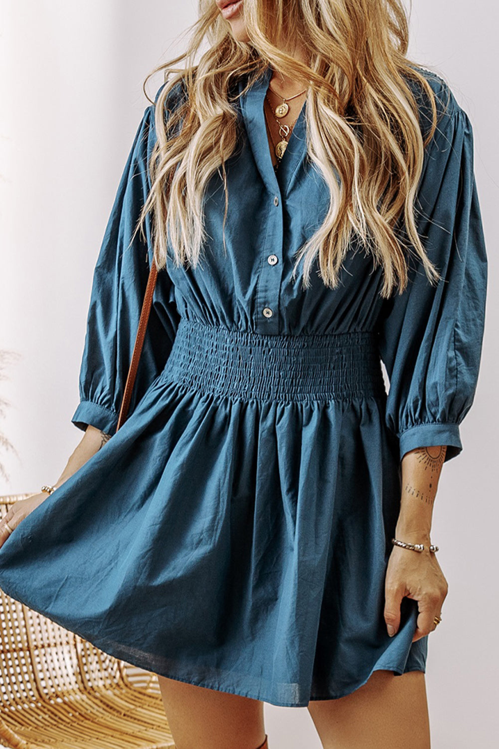 Prussian blue shirred high-waist button-front dress with 3/4 sleeves, V neckline