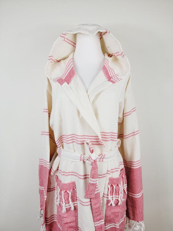 Unisex hooded robe with tie waist and red-and-white stripe pattern, long sleeves