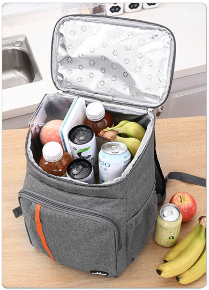 Gray insulated cooler bag open with zip top, showing bottles and food containers inside