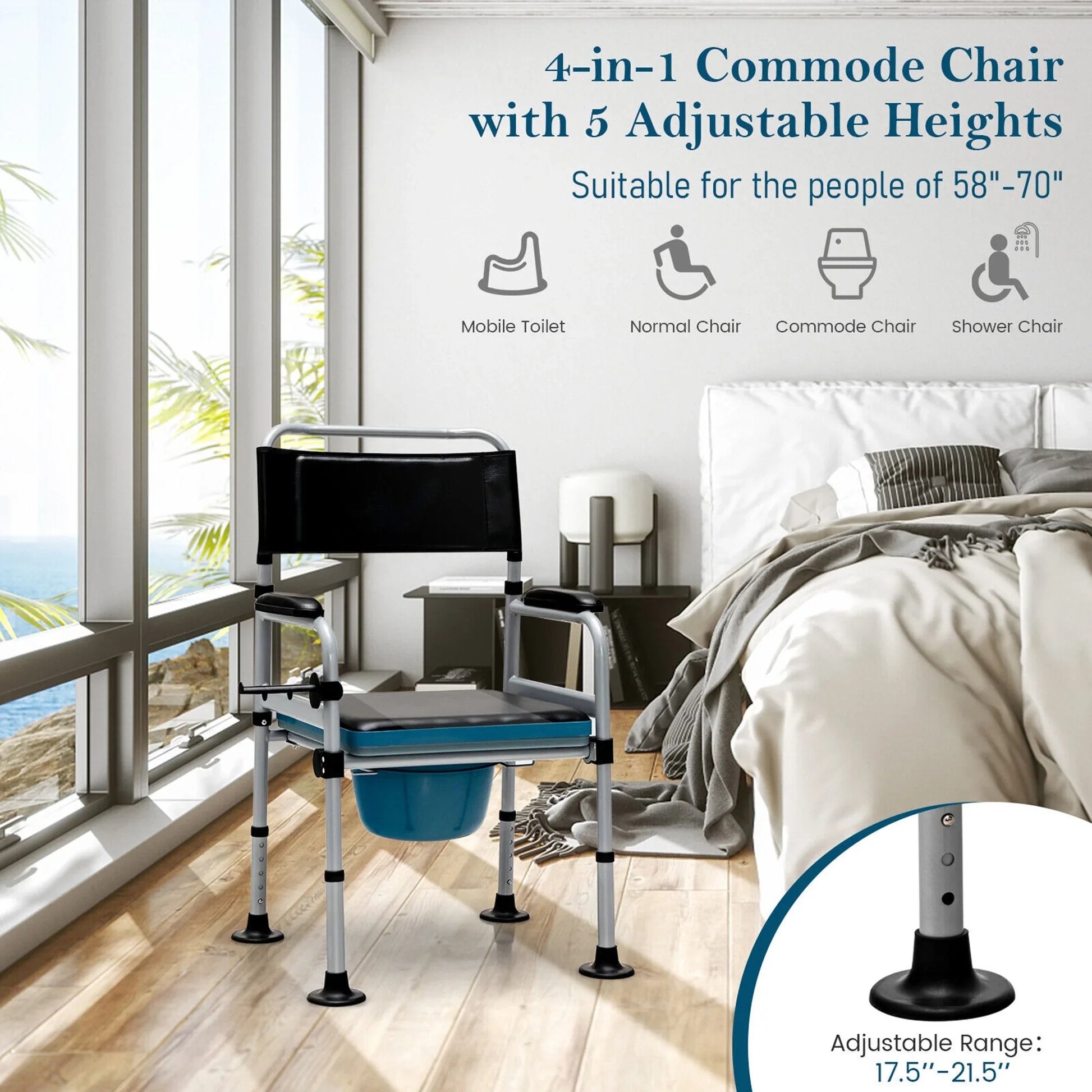 Commode chair with black back, padded blue seat, armrests, and removable blue commode bucket