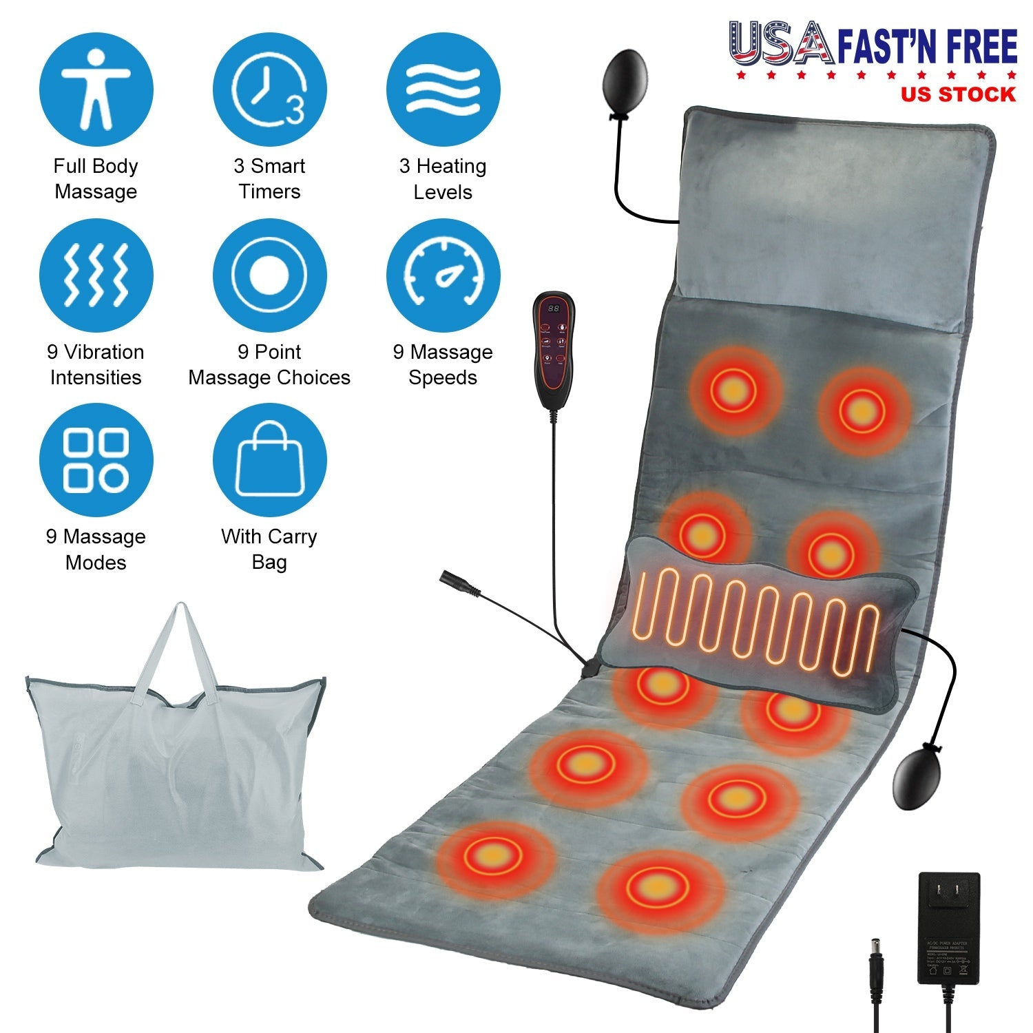 Grey chair massage pad with headrest and red heat zones, with carry bag and power cords.