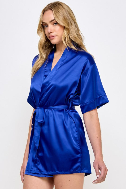 Blue satin robe with V-neck, short sleeves, and waist tie, front view