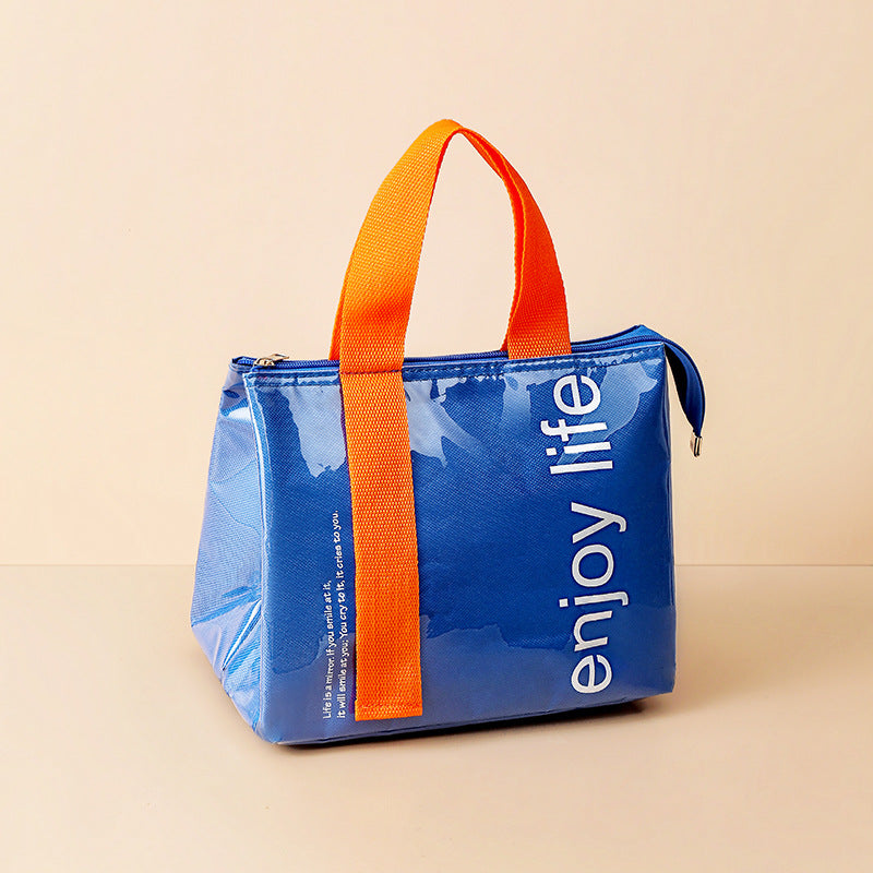Insulated lunch bag in blue with orange handles and zip closure, printed lettering