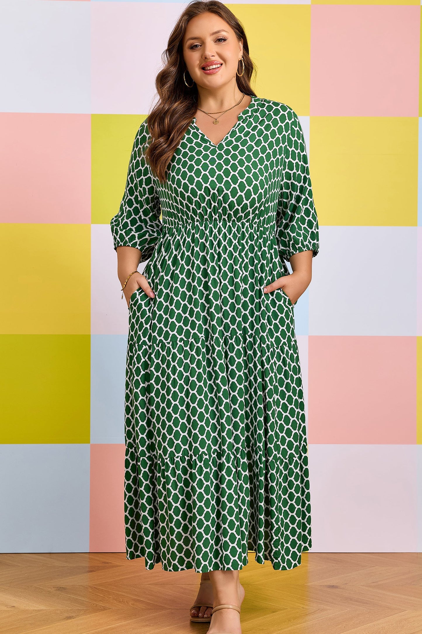 Green geometric-print PLUS casual dress with ruffle hem and elbow-length sleeves