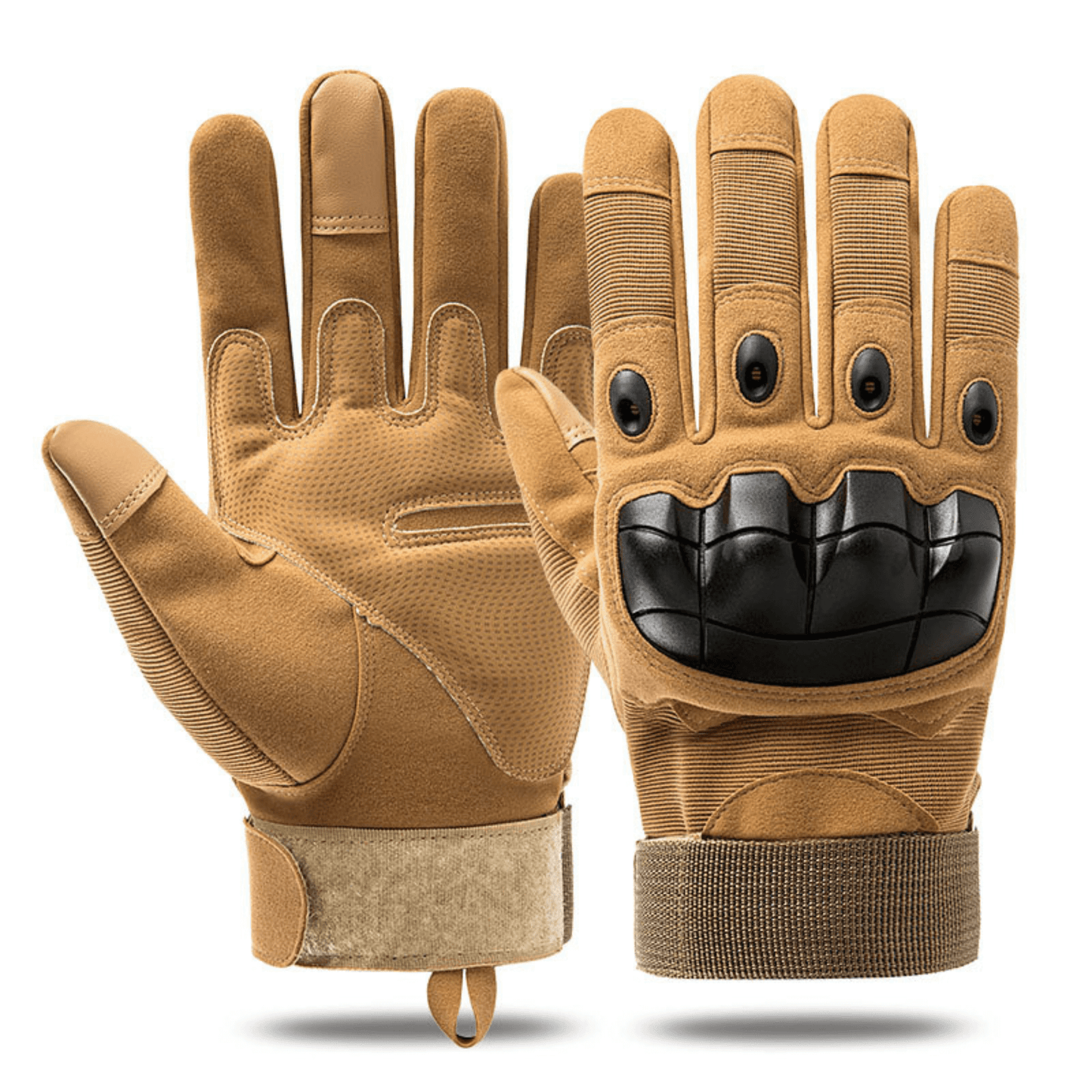 Tan tactical airsoft gloves with knuckle armor and elastic wrist cuff