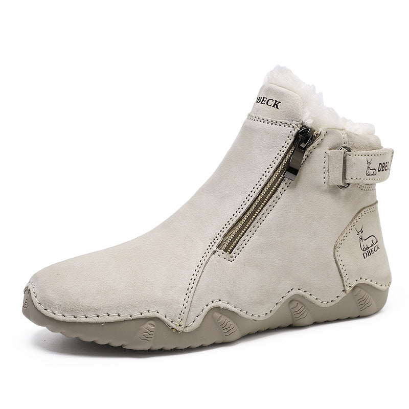 Light beige suede ankle boots with side zipper, cushioned collar, and treaded sole.