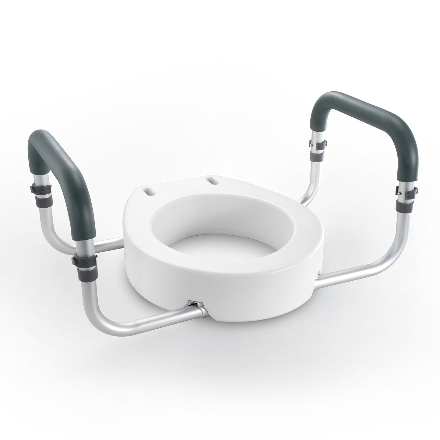 Raised toilet seat with open white seat and gray padded armrests on metal rails
