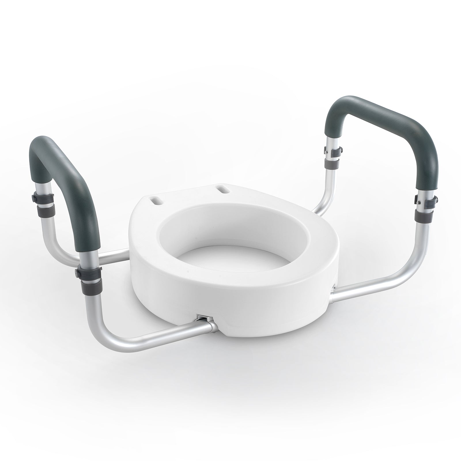 Raised toilet seat with open white seat and gray padded armrests on metal rails