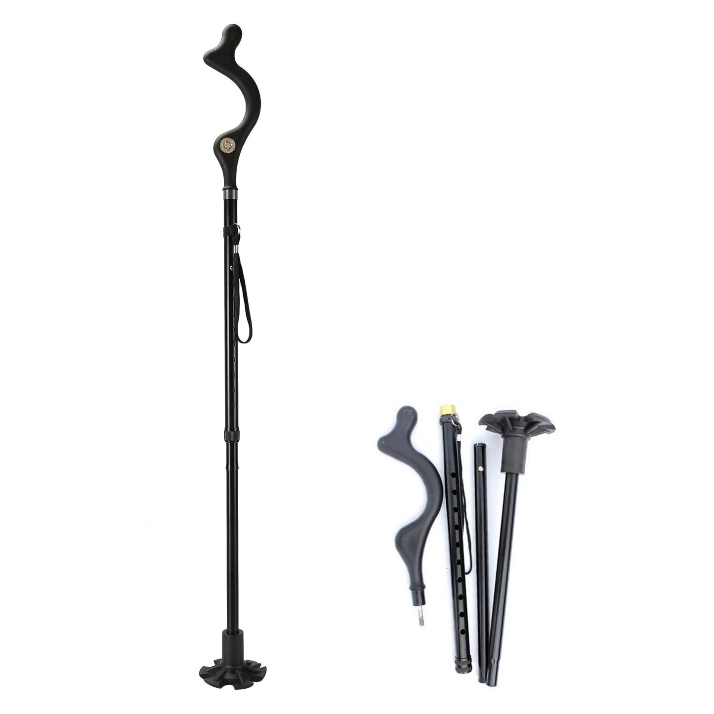 Black collapsible walking cane with curved handle, plus folded sections and spare parts
