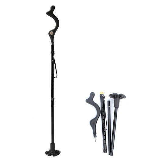 Black collapsible walking cane with curved handle, plus folded sections and spare parts