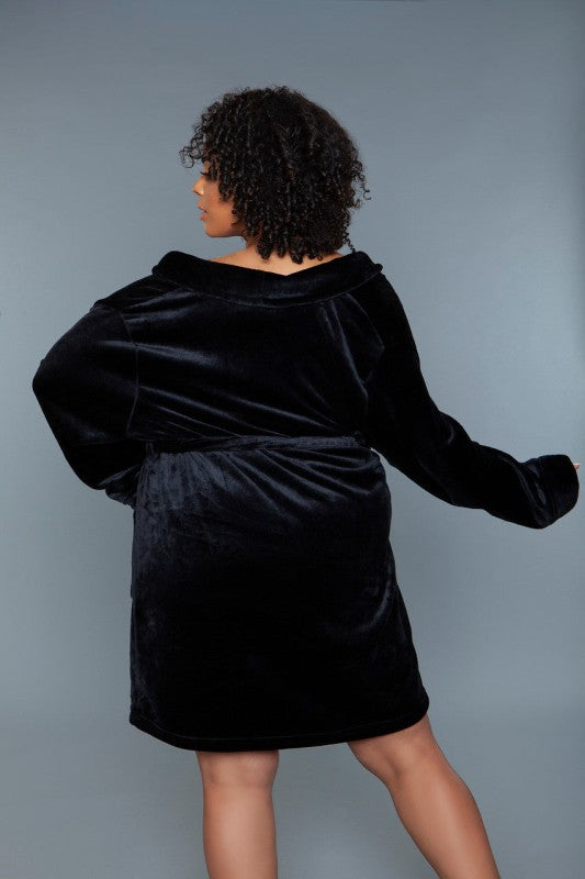 Black Kaylee robe with shawl collar and long sleeves, back view, tie belt.