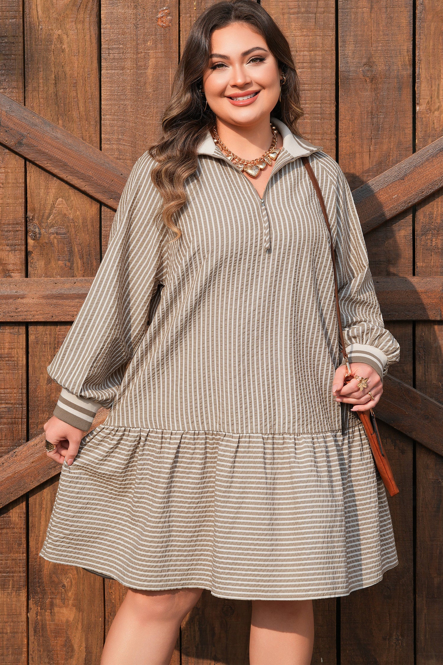 Khaki stripe mini dress with long sleeves, collared neck, flared tiered ruffle skirt