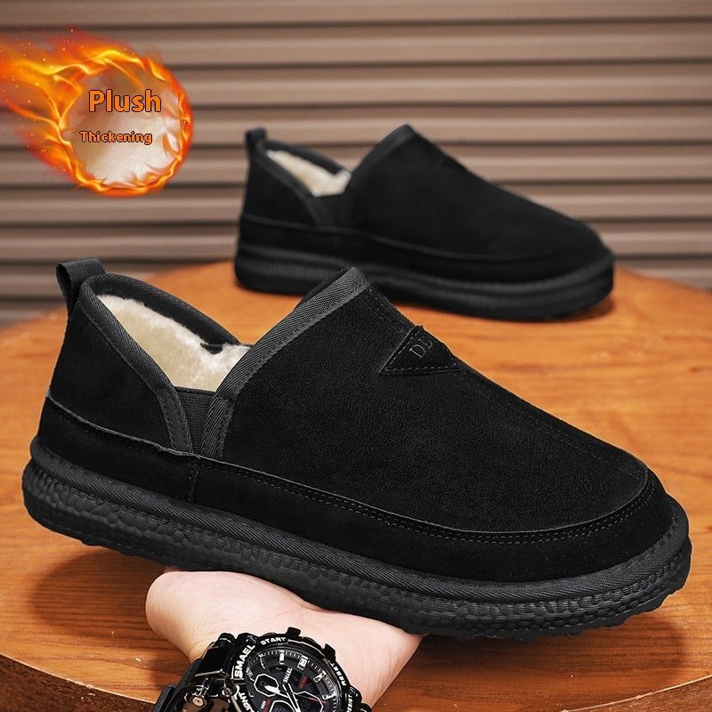 Black suede snow boots with fleece lining, V-cut upper, round toe, flat rubber sole