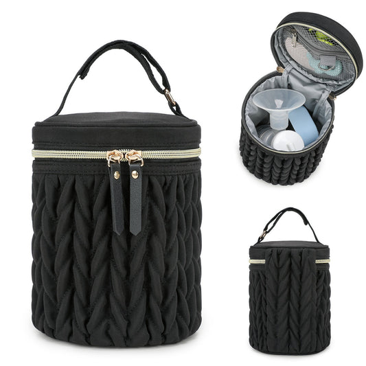 Black insulated baby bottle bag with zip top open and bottle compartments inside