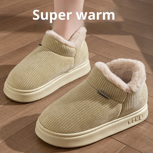 Ankle wrap cotton slippers, khaki knit upper with cream fuzzy trim and thick sole