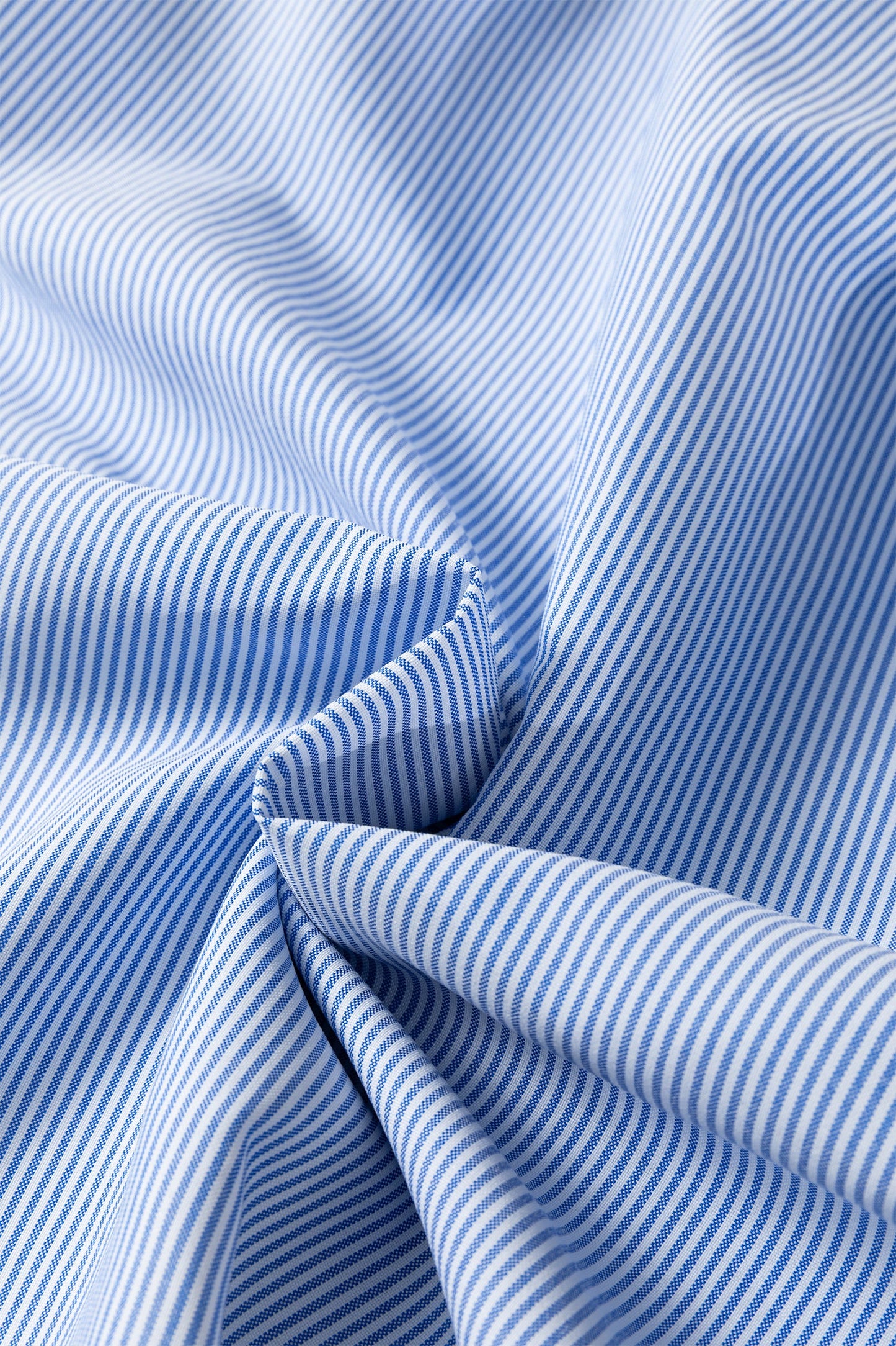 Sky blue striped fabric with ruched seam detail at neckline