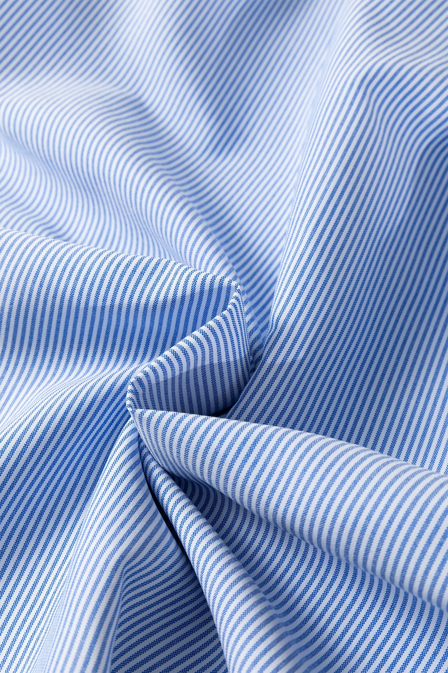 Sky blue striped fabric with ruched seam detail at neckline