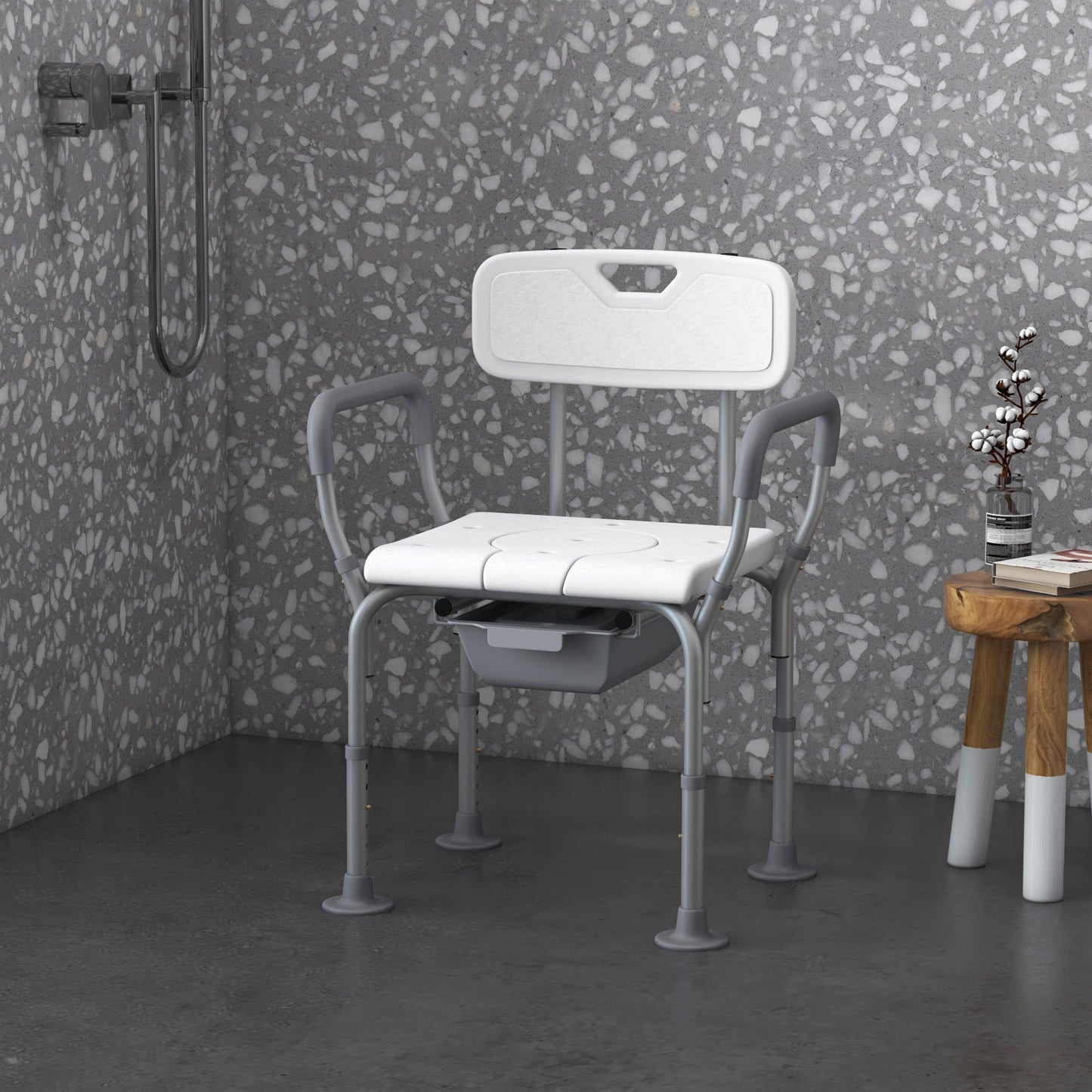 Aluminum shower commode chair with padded seat, detachable bucket, and armrests