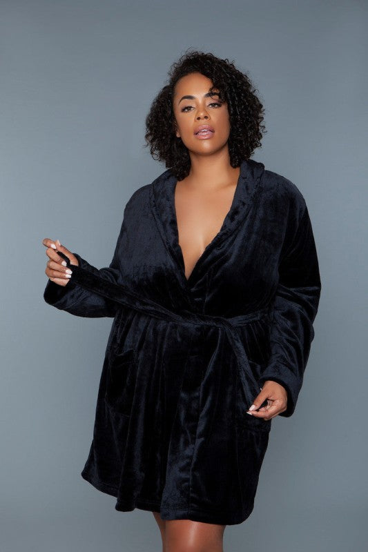 Black Kaylee robe with open V-neck and tie belt, long sleeves, side pose.