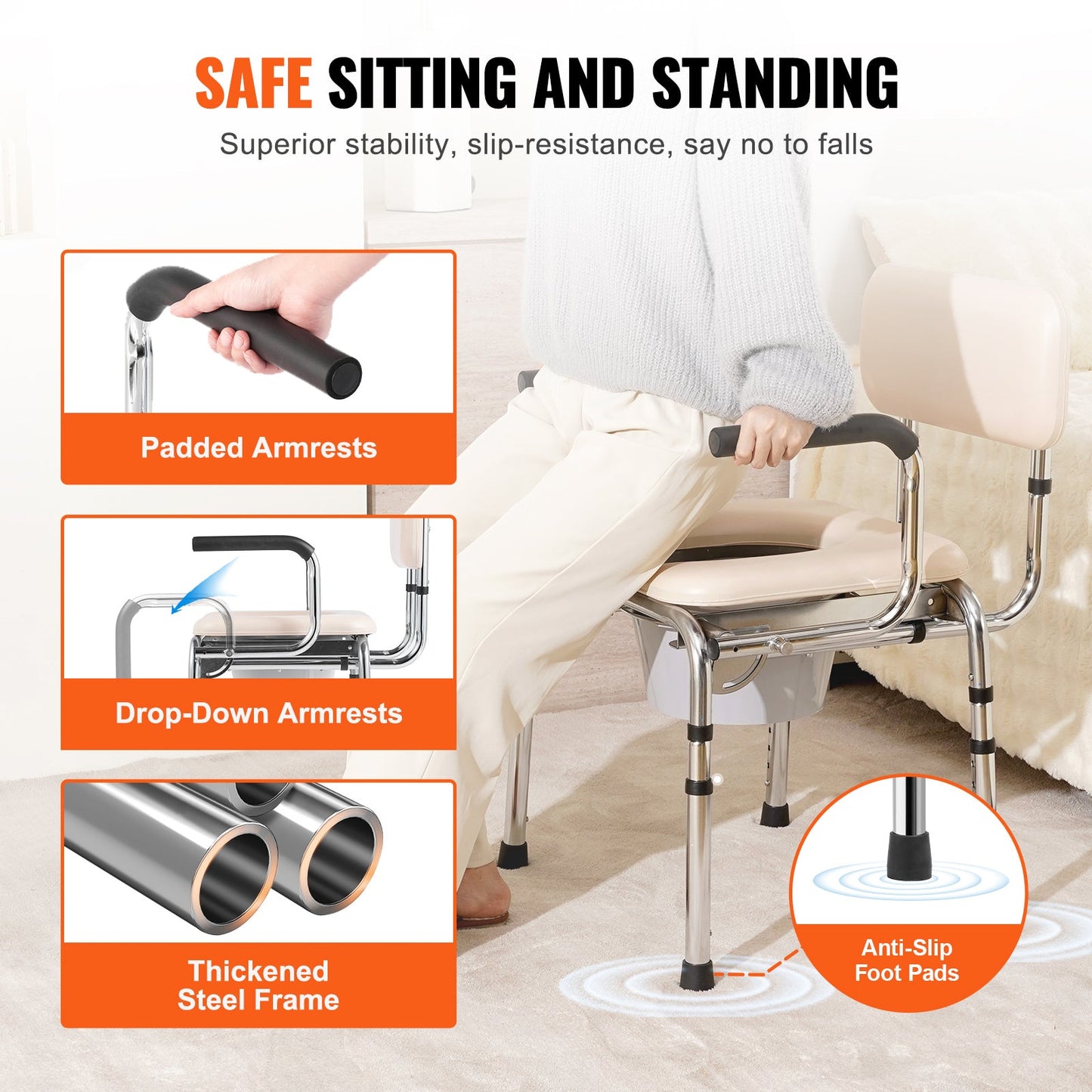 Padded commode chair with drop-down armrests and anti-slip foot pads on steel legs