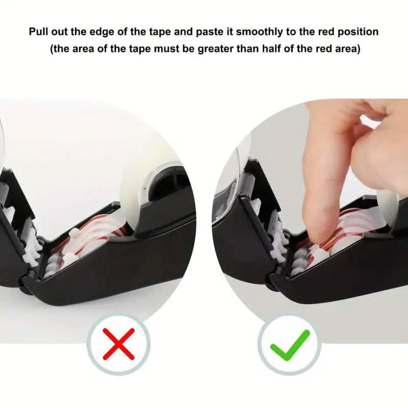 Instructions on using a tape dispenser with correct and incorrect methods shown.