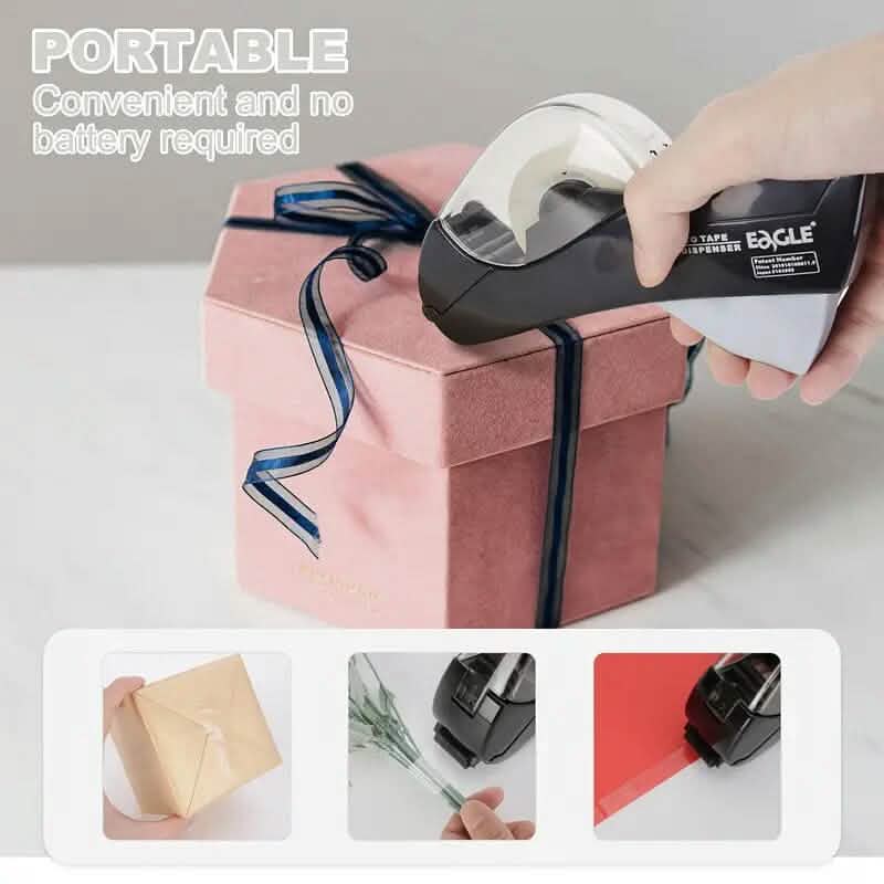 Eagle tape dispenser being used on a gift box with text 'Portable, convenient, no battery required'.