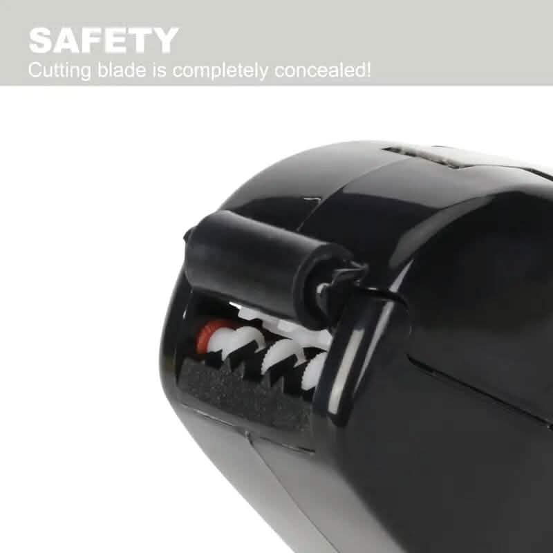 Close-up of a black office stapler with a concealed cutting blade on a white background.