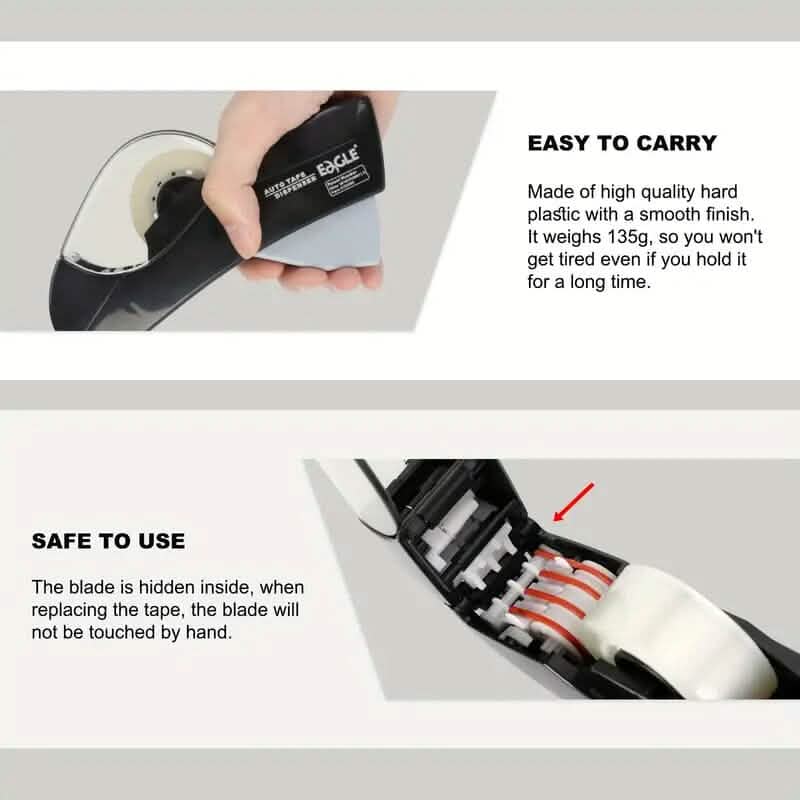 Roller with tape dispenser held by a hand, showing features like 'Easy to carry' and 'Safe to use'.