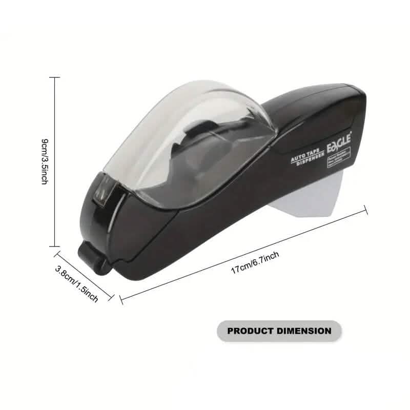 Black and silver car wrap dispenser with dimensions on a white background