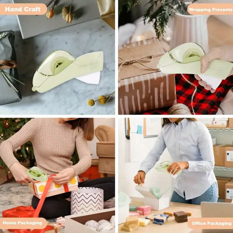 Collage of people using a green paper puncher for various packaging tasks.