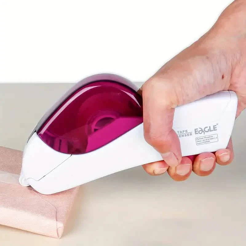 Hand using a tape dispenser with a visible brand logo on a neutral background