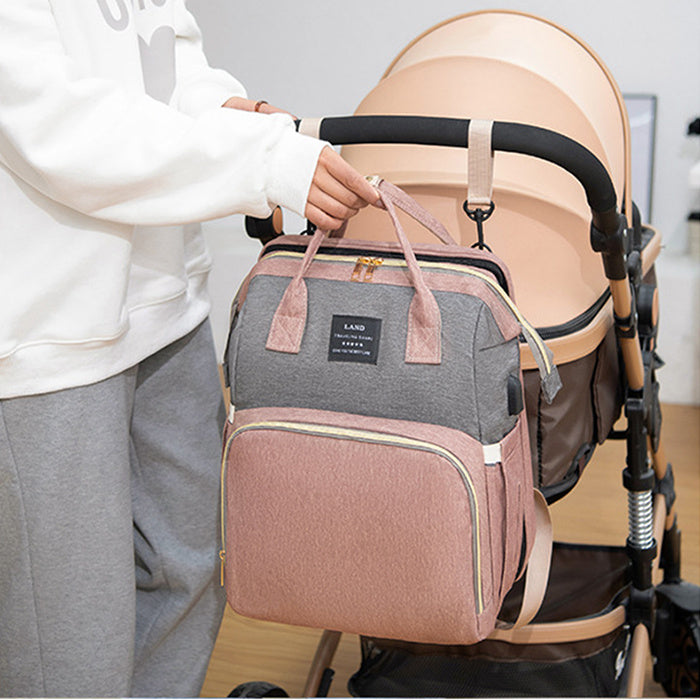 Baby crib backpack with stroller straps, gray and mauve large insulated bag